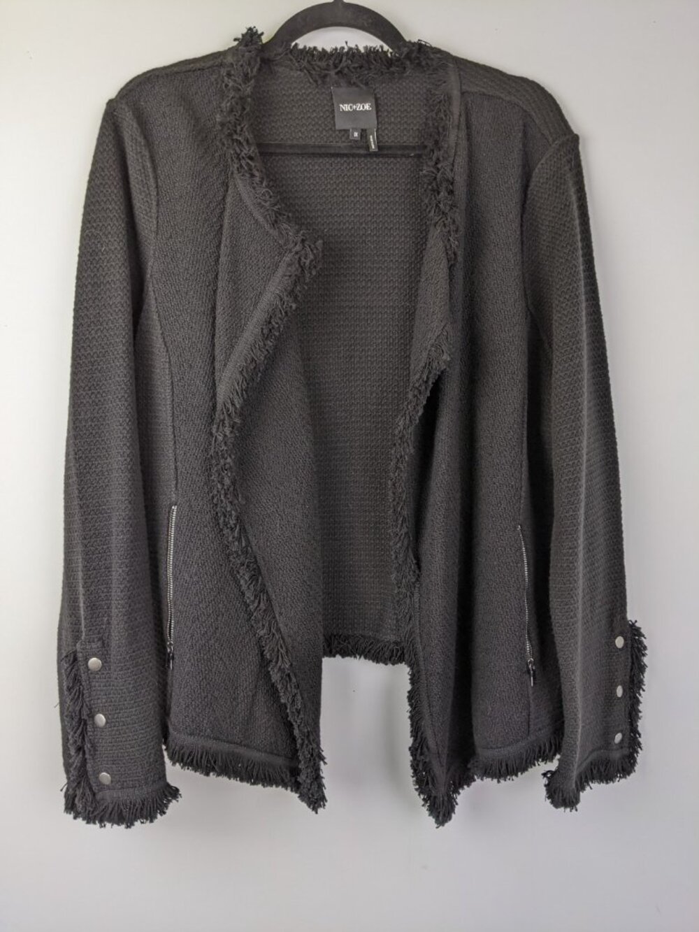 Nic+Zoe Women’s Size 1X Fringe Mix Knit Open Front Jacket Onyx Black Plus Size